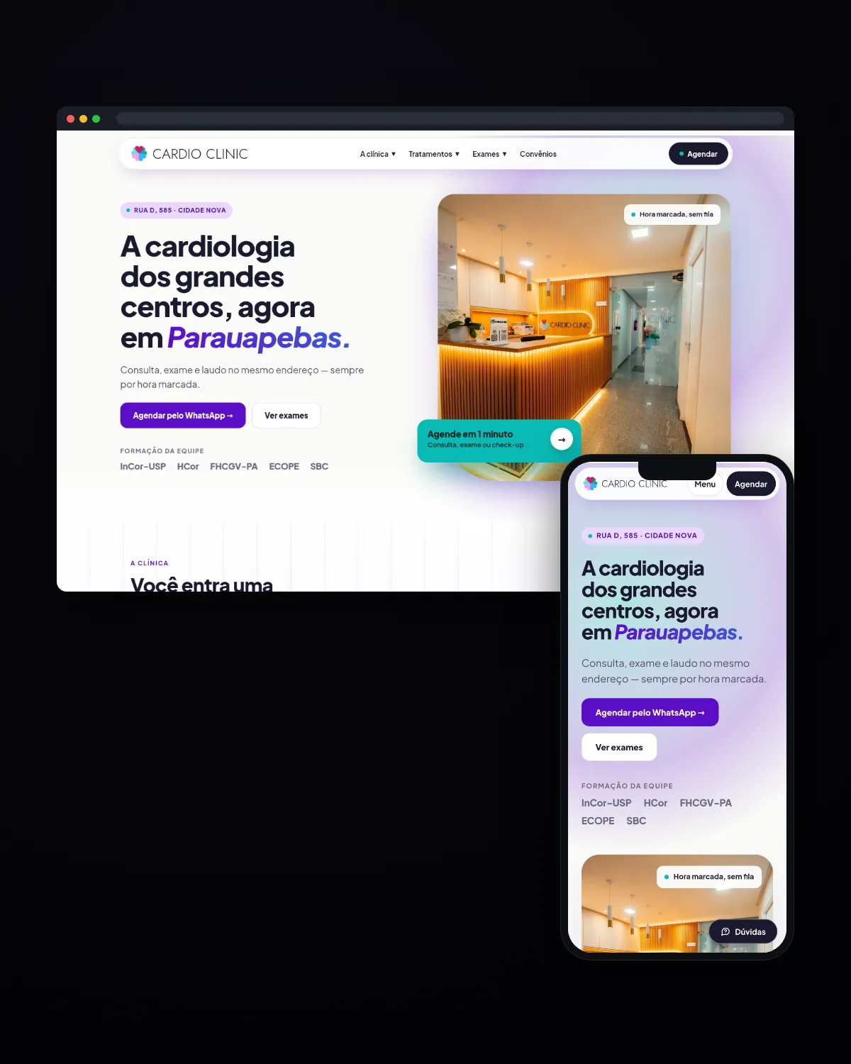 Janela de navegador e celular com a home do site da Cardio Clinic, clínica de cardiologia com consultas e exames em Parauapebas, no Pará