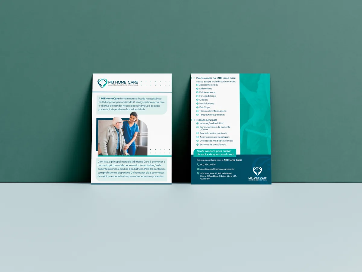 Mockup do panfleto frente e verso da MB Home Care, assistência médica domiciliar em Brasília