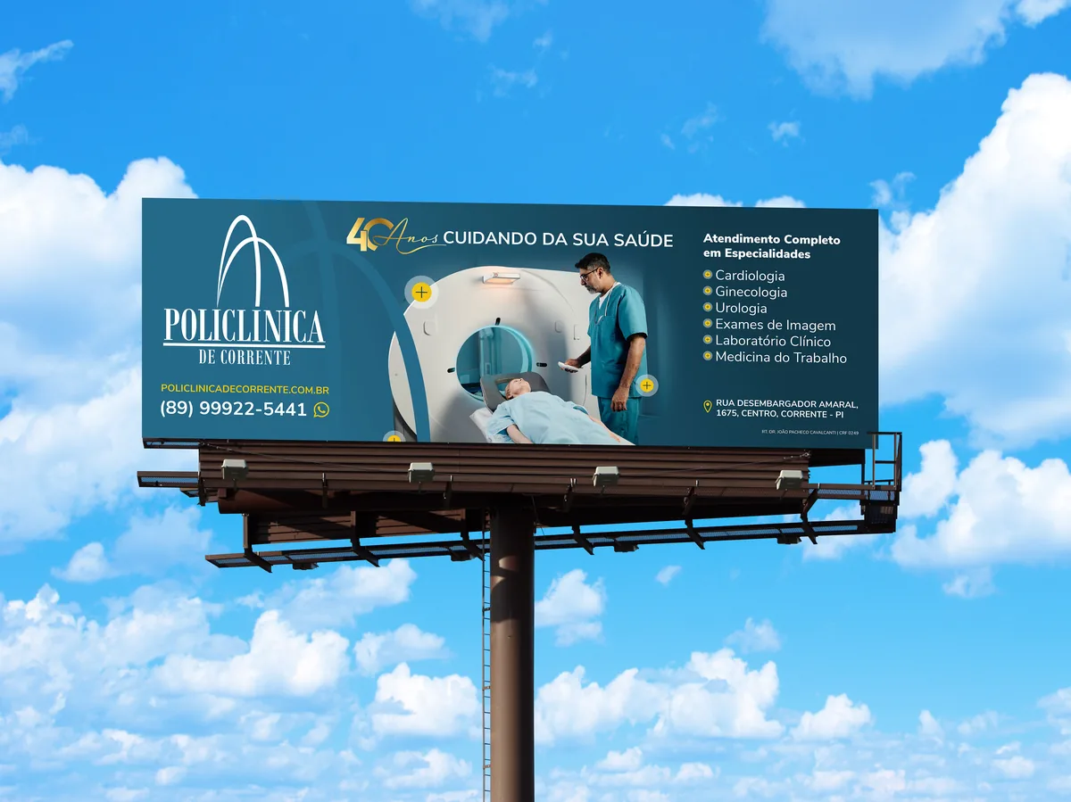 Outdoor da Policlínica de Corrente anunciando atendimento em especialidades e exames de imagem