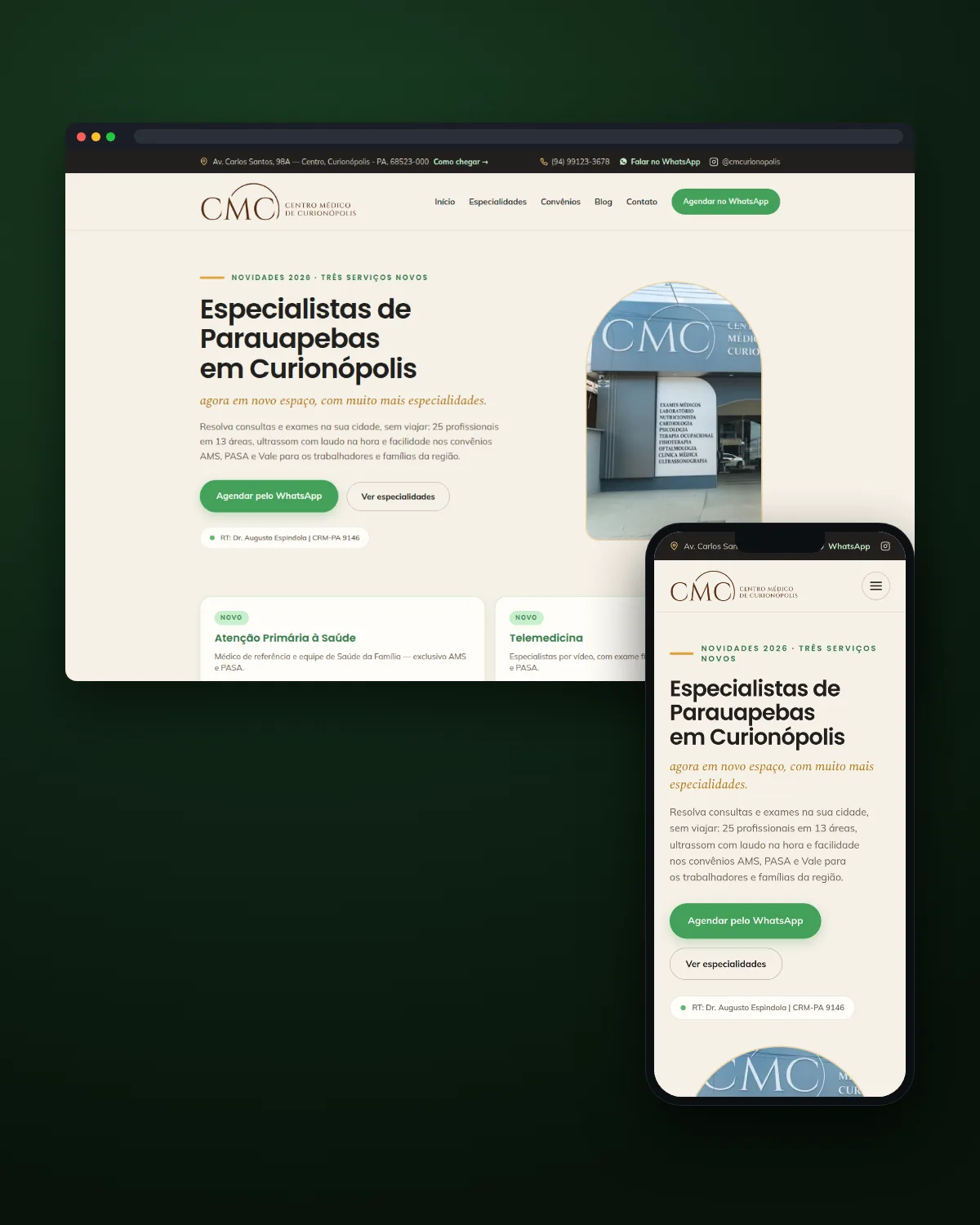 Janela de navegador e celular com a home do site do Centro Médico de Curionópolis, com especialistas e exames em Curionópolis, no Pará