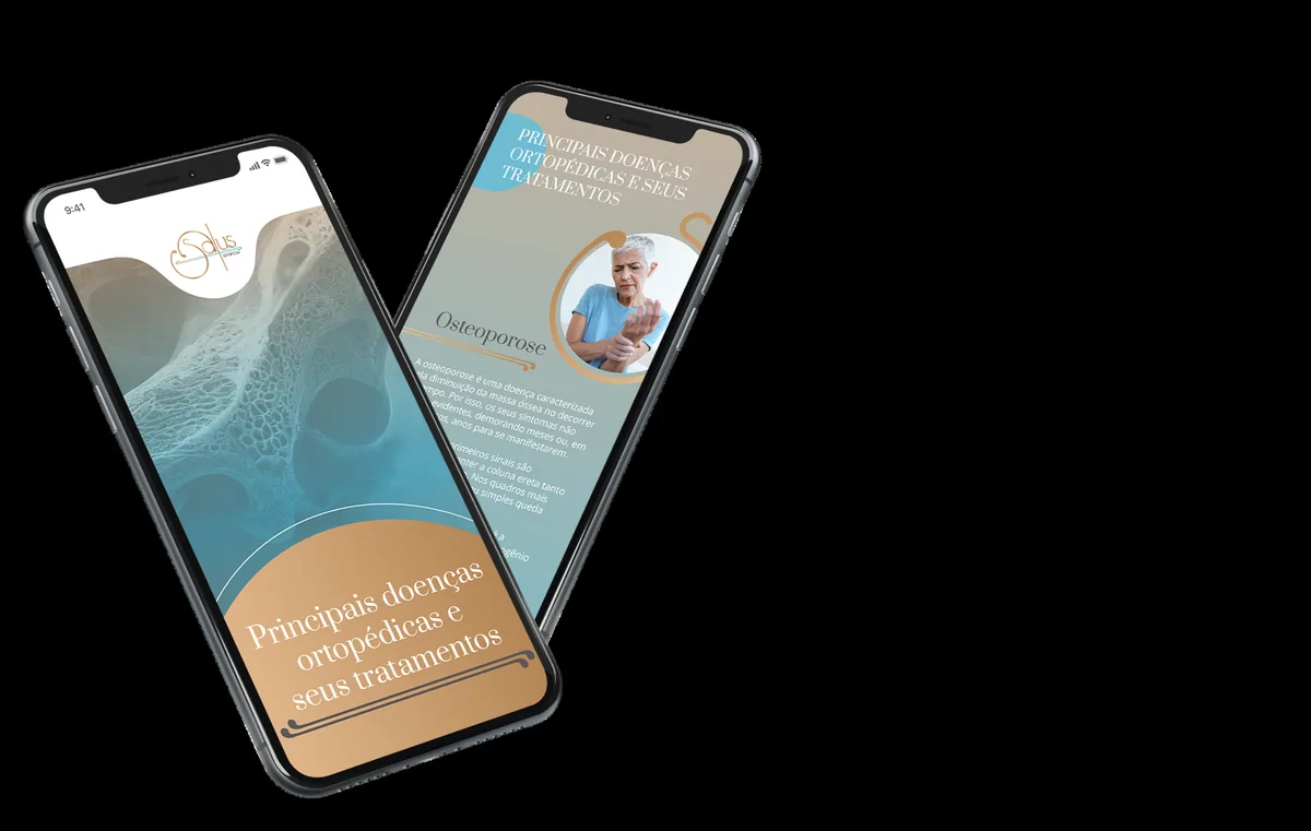 Mockup de dois celulares com o e-book de doenças ortopédicas da Salus Ortopedia, capa e página interna