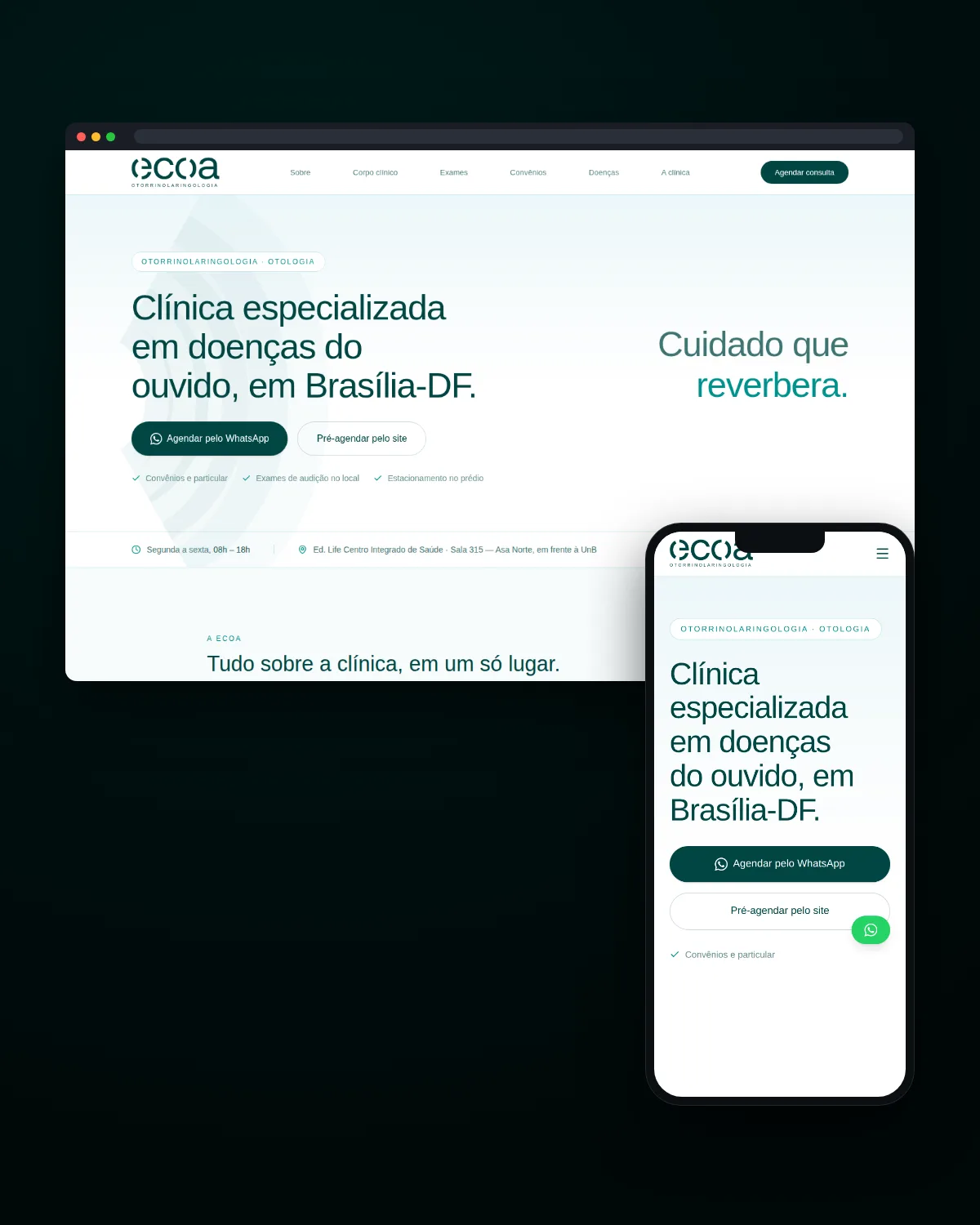 Mockup de monitor com o site da ECOA Otorrinolaringologia, clínica de otorrino e doenças do ouvido na Asa Norte, Brasília
