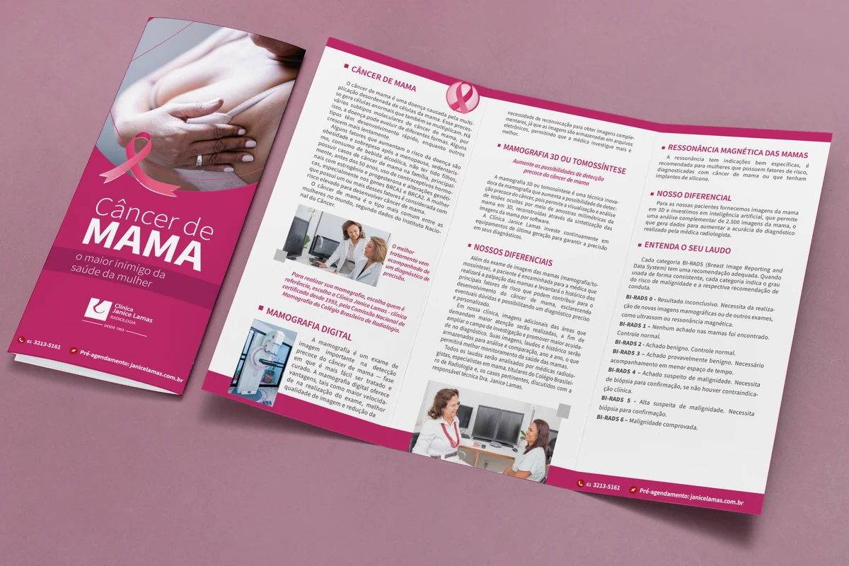 Mockup do folder tríptico sobre câncer de mama e mamografia da Clínica Janice Lamas Radiologia, capa e miolo abertos