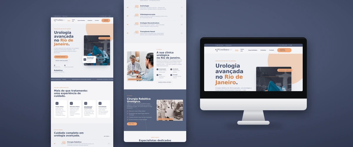 Mockup de monitor com o site da UroClínica Rio, urologia e cirurgia robótica na Barra da Tijuca e em Bonsucesso