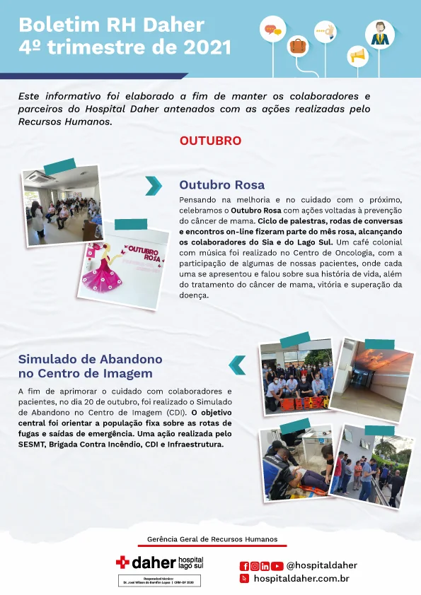 Primeira página do Boletim RH Daher do 4º trimestre de 2021, com as ações de outubro: Outubro Rosa e simulado de abandono no Centro de Imagem