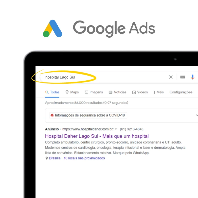 Mockup de notebook com o anúncio de busca do Google Ads para hospital Lago Sul, com o título Hospital Daher Lago Sul - Mais que um hospital