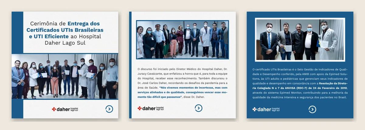 Composição com três cartões do carrossel de Instagram sobre a cerimônia de entrega dos certificados UTIs Brasileiras e UTI Eficiente ao Hospital Daher Lago Sul