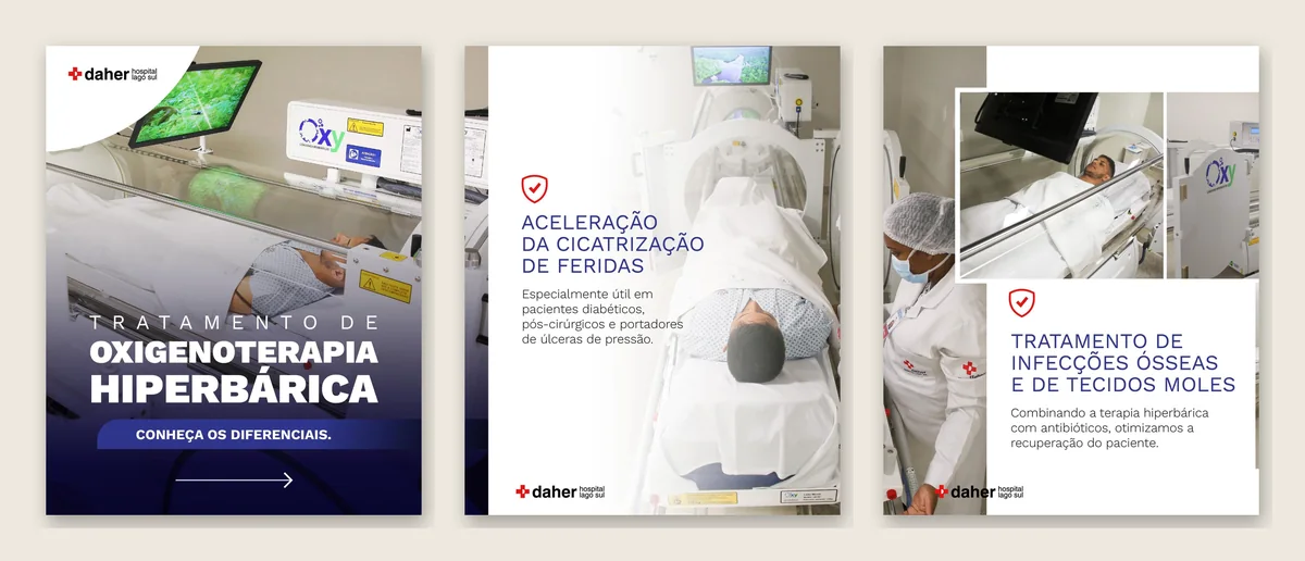 Composição com três cartões do carrossel de Instagram sobre oxigenoterapia hiperbárica do Daher Hospital Lago Sul: capa, cicatrização de feridas e infecções ósseas
