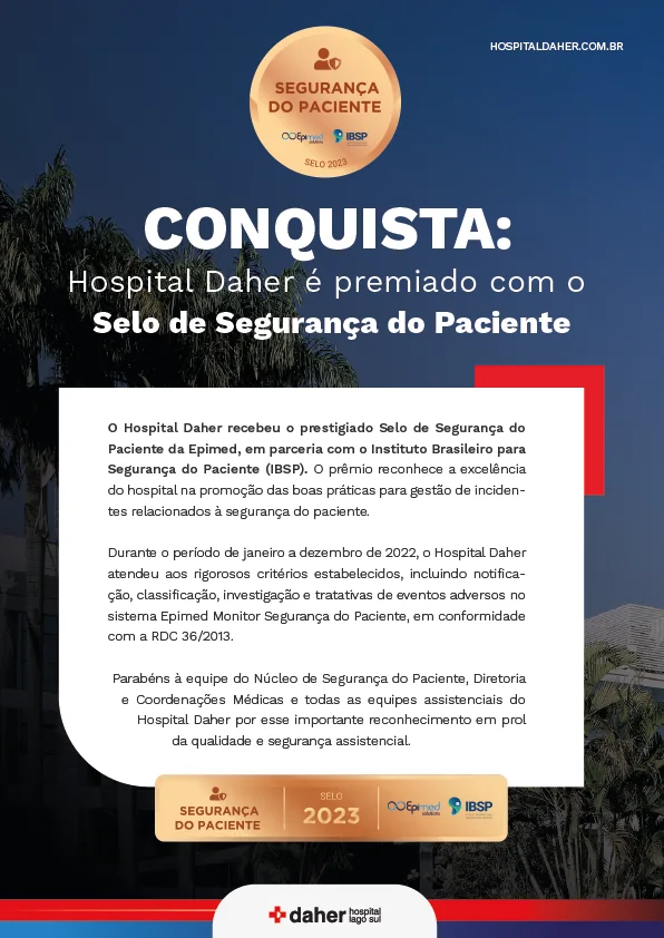 Cartaz A4 do Hospital Daher anunciando a conquista do Selo de Segurança do Paciente 2023 da Epimed e do IBSP