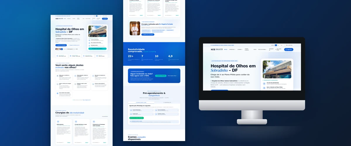 Mockup de monitor com o site do Hospital de Olhos de Sobradinho, oftalmologia no DF