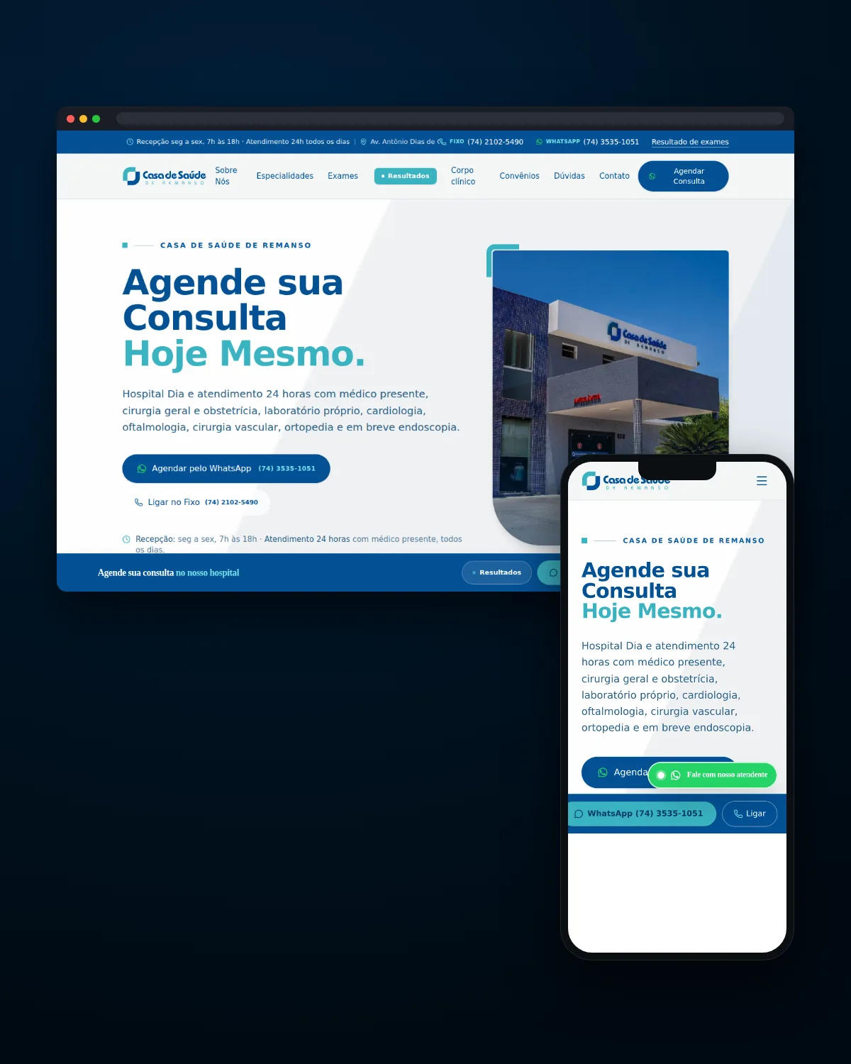 Mockup de monitor com o site da Casa de Saúde de Remanso, hospital com consultas, exames e laboratório em Remanso, Bahia
