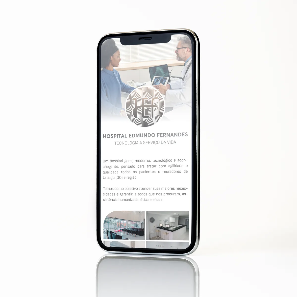 Mockup de celular com o portfólio digital do Hospital Edmundo Fernandes, hospital geral em Uruaçu, Goiás