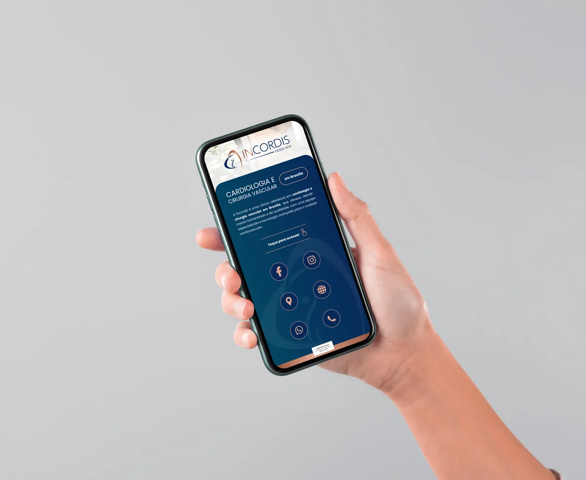 Mockup de celular com o cartão virtual da Incordis, cardiologia e cirurgia vascular em Brasília