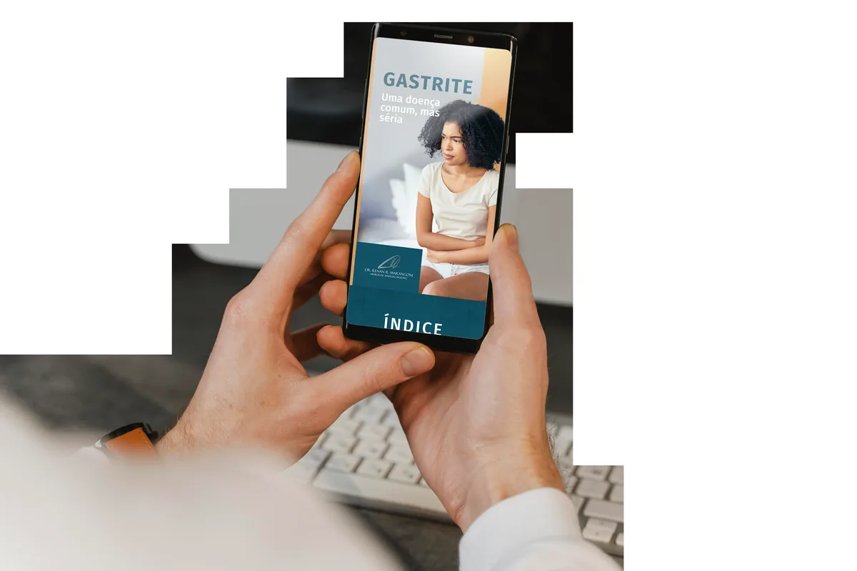 Mockup de celular com o e-book do Dr. Renan R. Marangoni sobre gastrite