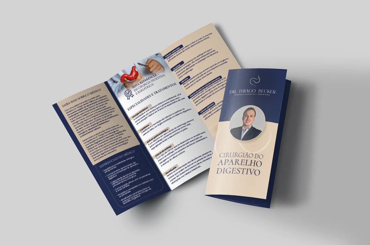 Folder impresso do Dr. Thiago Becker, com especialidades e tratamentos em cirurgia digestiva e bariátrica
