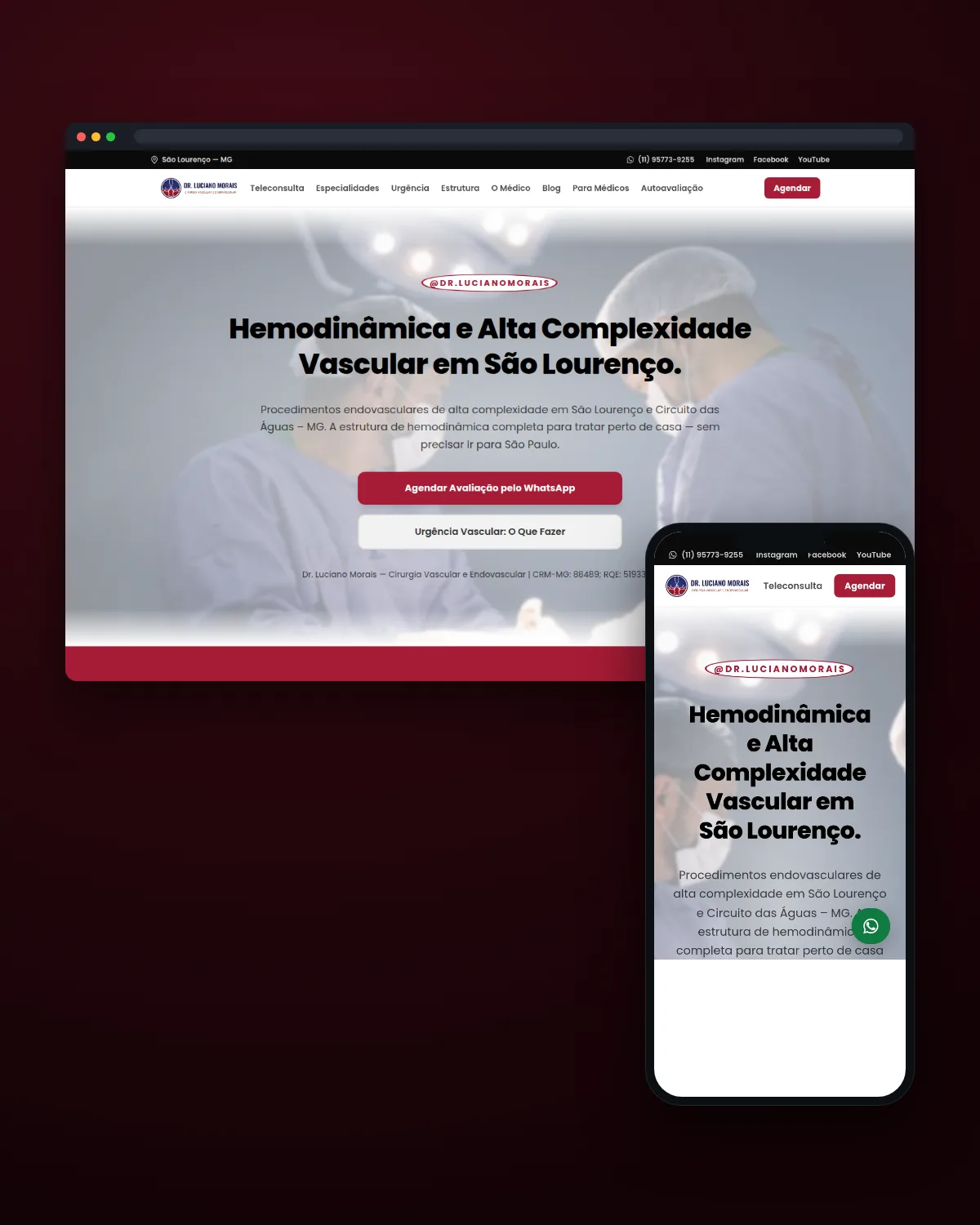 Mockup de monitor com o site do Dr. Luciano Morais, cirurgião vascular e endovascular em São Lourenço, Minas Gerais