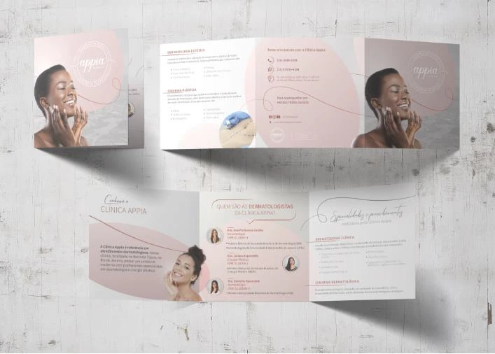 Folder trifold impresso da Clínica Appia, com o corpo clínico de dermatologia e cirurgia plástica, no Rio de Janeiro