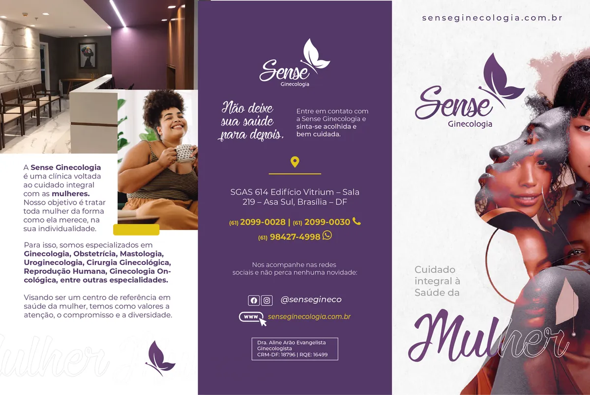 Folder trifold impresso da Sense Ginecologia, clínica de ginecologia e obstetrícia em Brasília