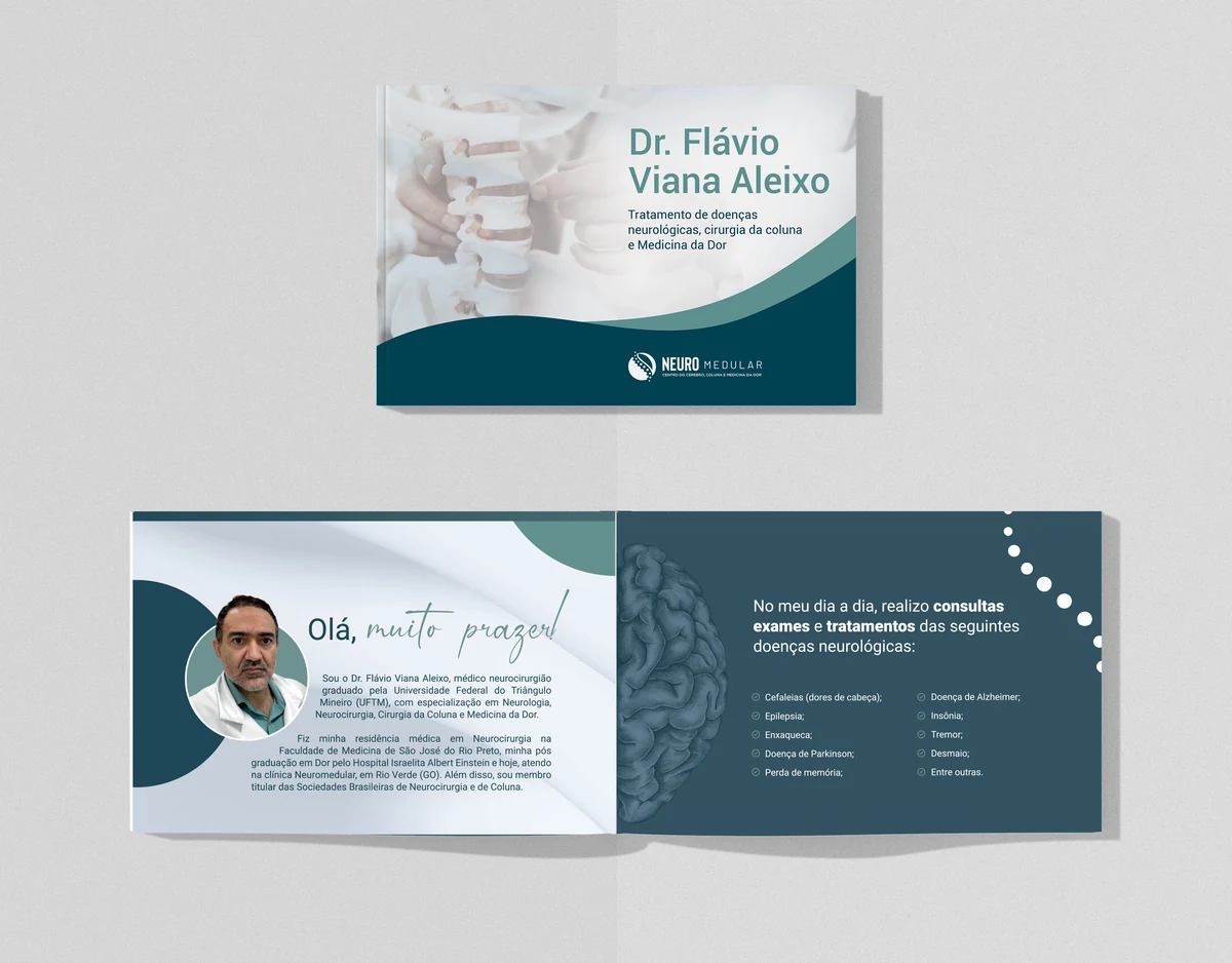 Portfólio impresso do Dr. Flávio Viana Aleixo, com a capa da clínica Neuro Medular e as páginas internas que listam as doenças neurológicas atendidas