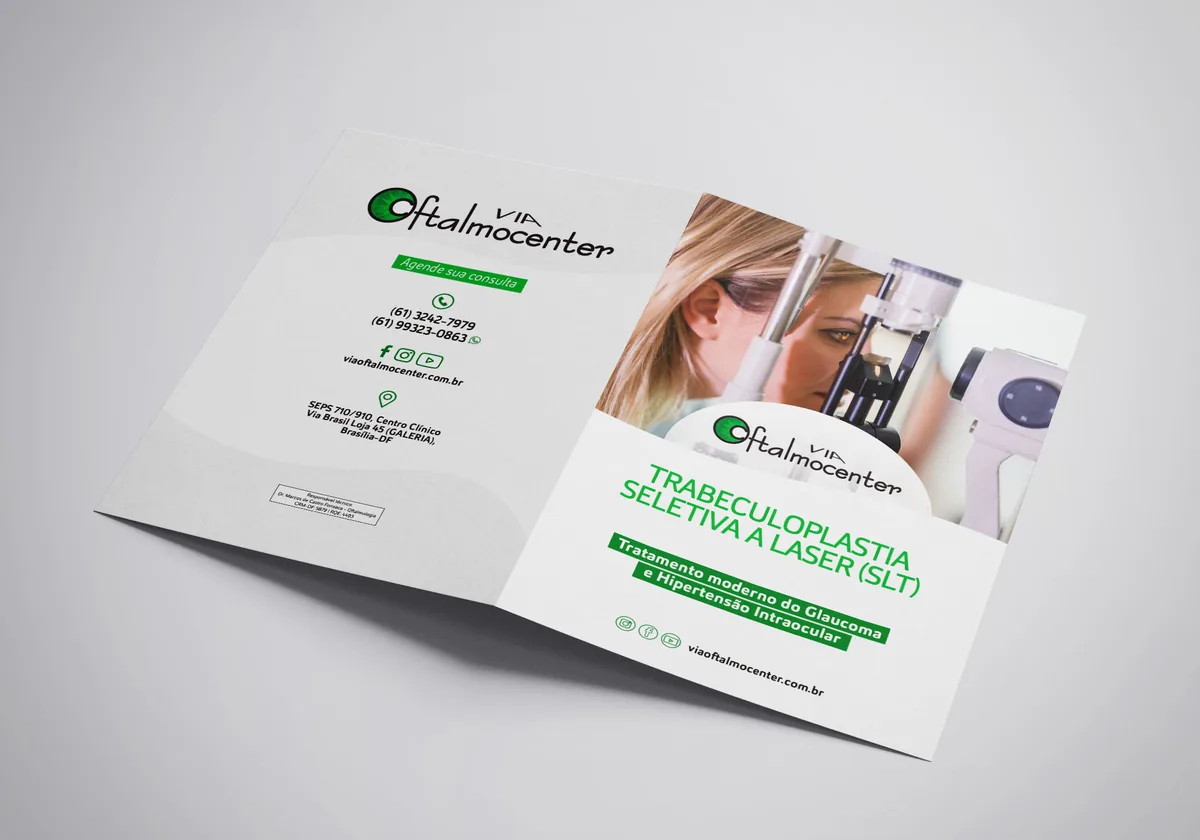 Folder impresso da Via Oftalmocenter sobre trabeculoplastia seletiva a laser