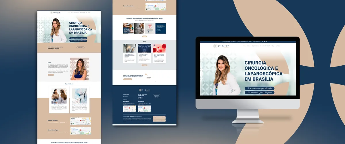 Mockup de monitor com o site da Dra. Rayane Cardoso, cirurgia oncológica e laparoscópica em Brasília