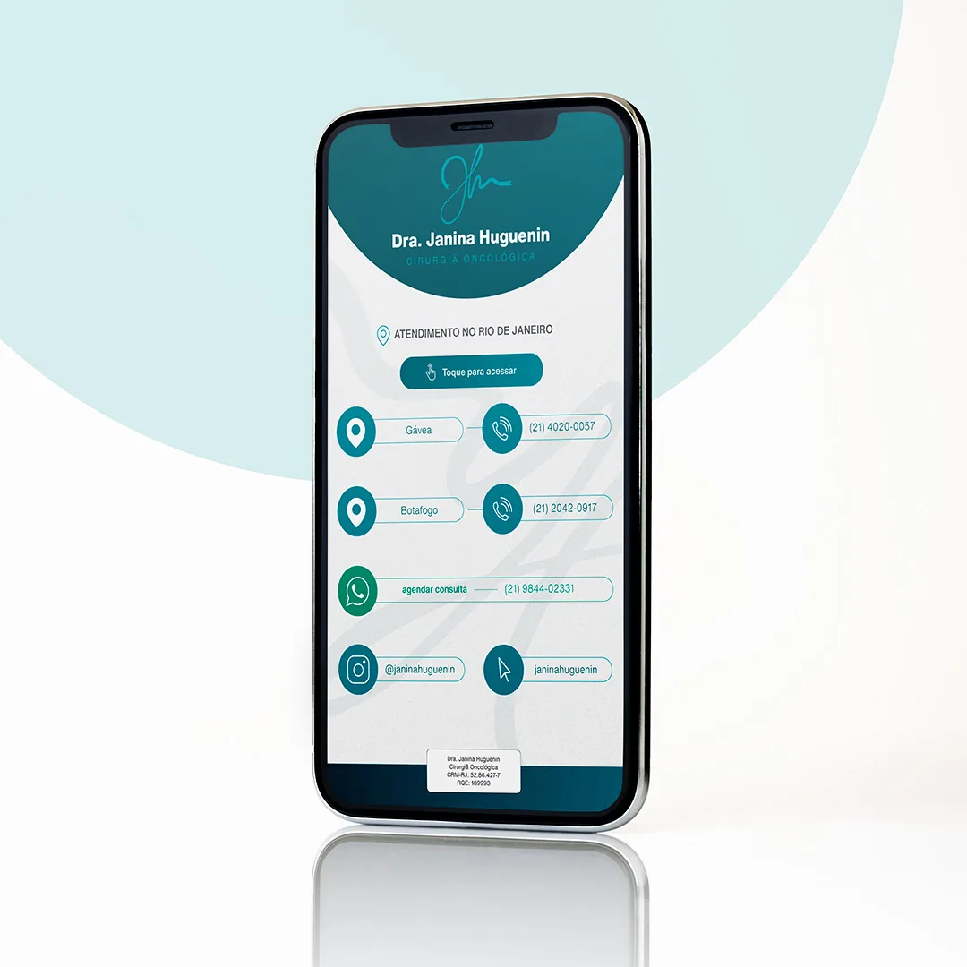 Mockup de celular com o cartão virtual da Dra. Janina Huguenin, cirurgia oncológica no Rio de Janeiro