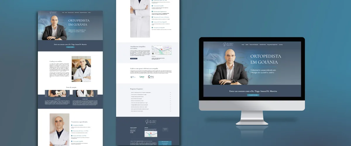 Mockup de monitor com o site do Dr. Tiago Amaral, ortopedista de quadril e joelho em Goiânia