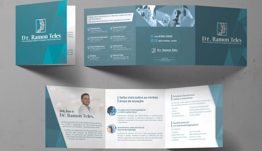 Folder trifold impresso do Dr. Ramon Teles, otorrinolaringologista e cirurgião crânio-maxilo-facial, em Crato