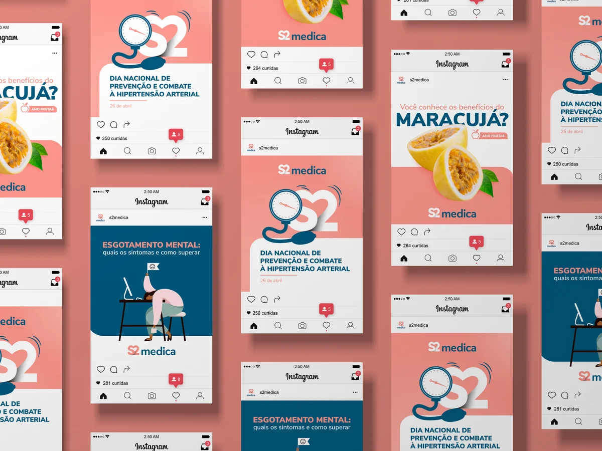 Composição com posts de Instagram criados para a S2 Médica: datas de saúde e conteúdo educativo