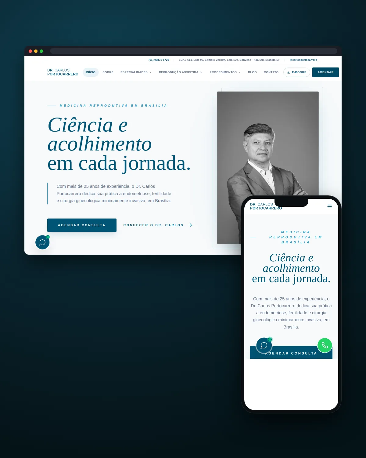 Mockup de monitor com o site do Dr. Carlos Portocarrero, reprodução assistida e endometriose em Brasília