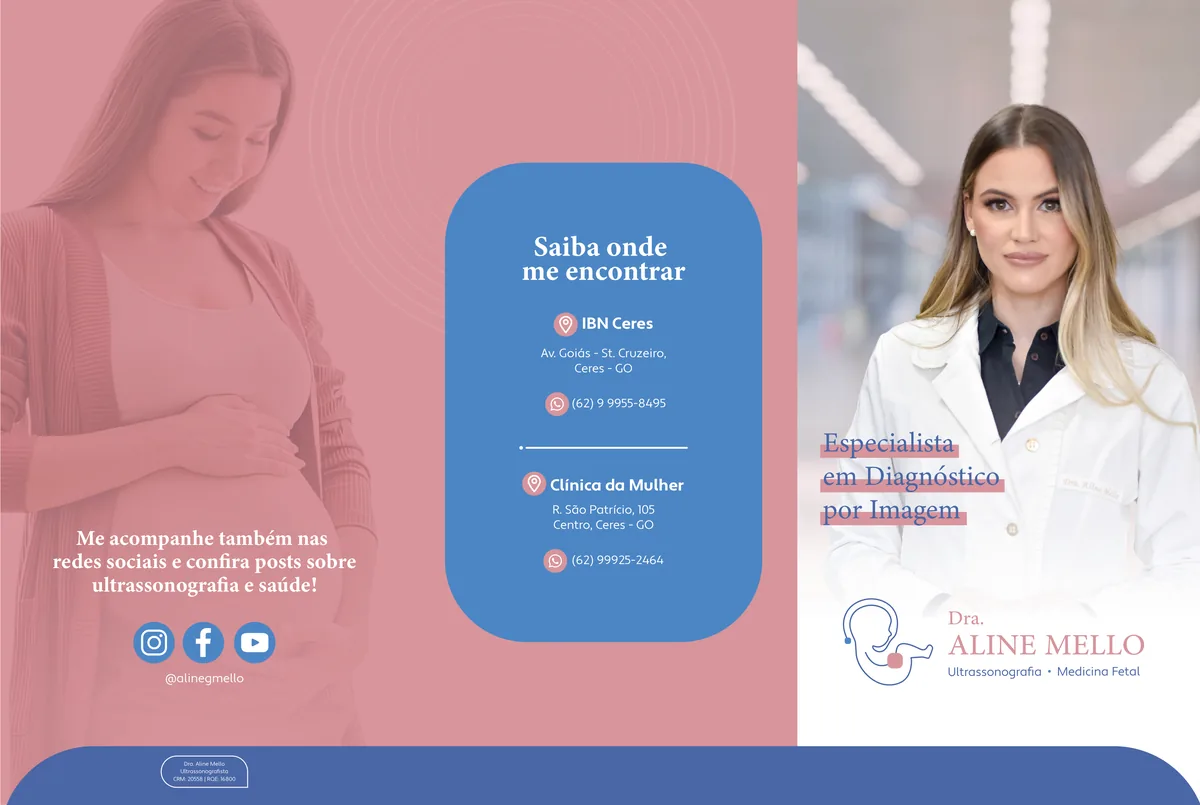 Face externa do portfólio dobra-carteira da Dra. Aline Mello aberto, com a apresentação da ultrassonografista e as duas clínicas de Ceres