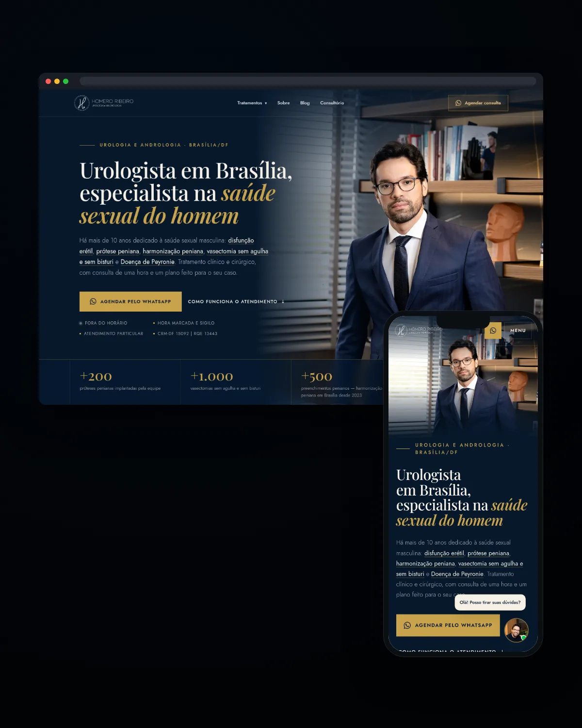 Janela de navegador e celular com a home do site do Dr. Homero Ribeiro, urologista e andrologista na Asa Norte, em Brasília