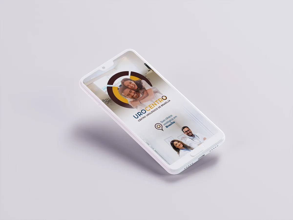 Mockup de celular com o portfólio digital do Urocentro, clínica de urologia em Brasília
