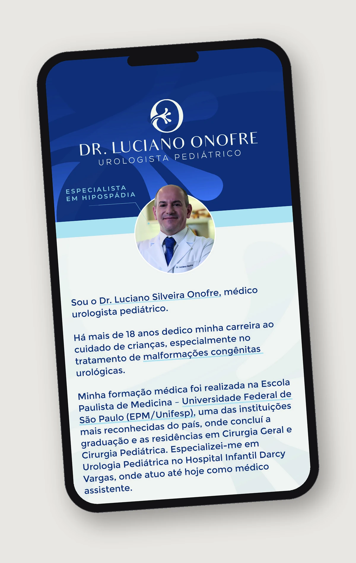 Mockup de celular com o portfólio digital do Dr. Luciano Onofre, urologista pediátrico e especialista em hipospádia, em São Paulo