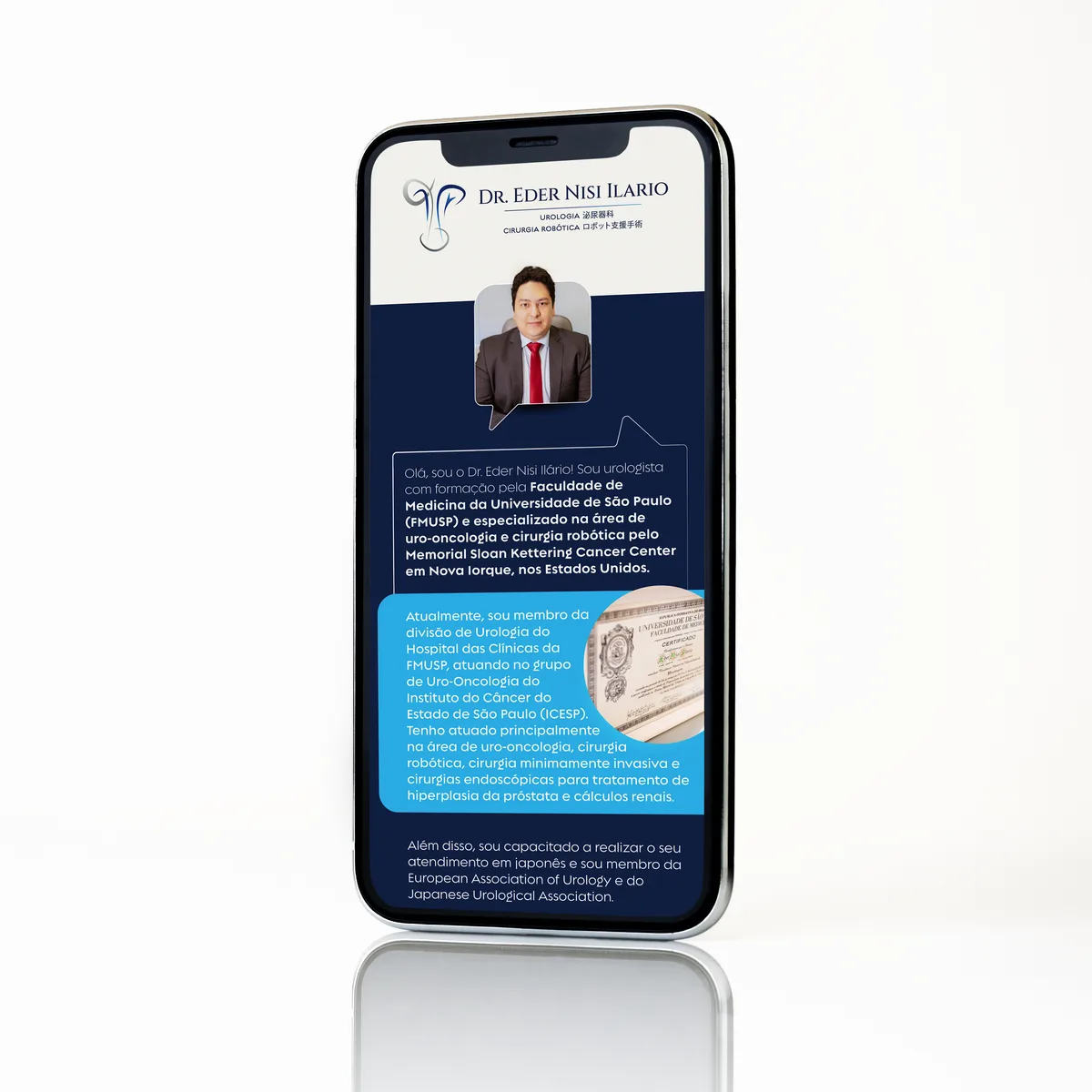 Mockup de celular com o portfólio digital do Dr. Eder Nisi Ilario, urologista e uro-oncologista em São Paulo