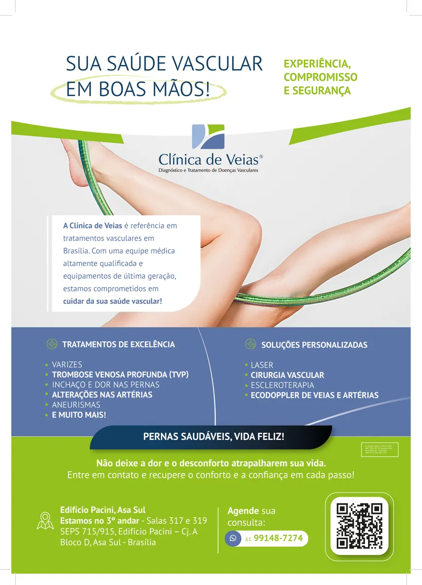 Anúncio A3 da Clínica de Veias sobre saúde vascular, angiologia e cirurgia vascular em Brasília
